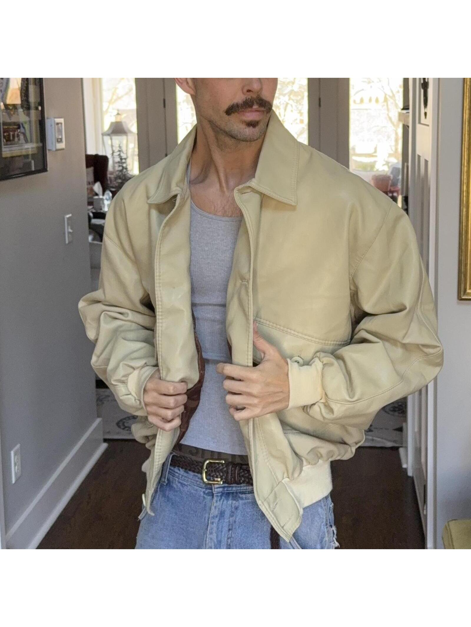 Vintage Cream Leather Button-Up Bomber Jacket Fits Large